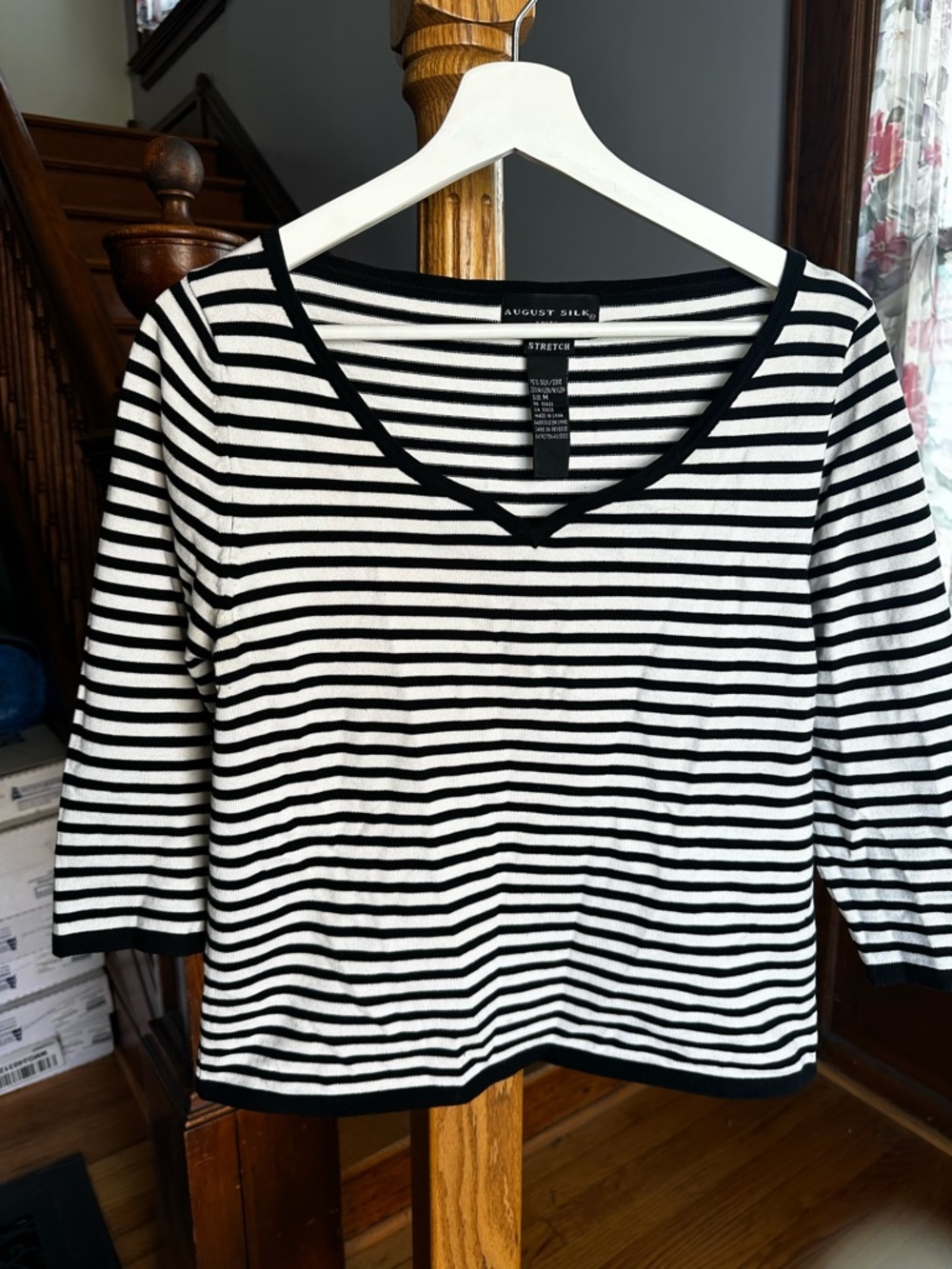 August Silk Black and White Striped V-Neck Top
